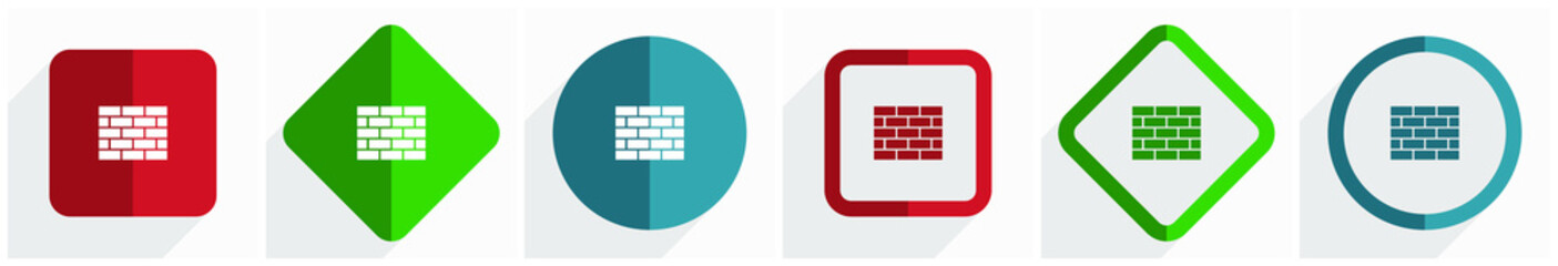 Firewall icon set, flat design vector illustration in 6 options for webdesign and mobile applications in eps 10