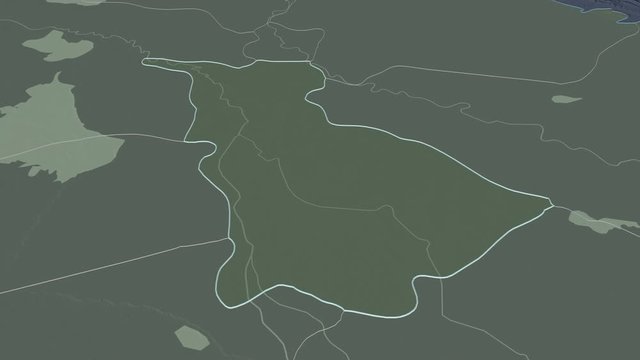 Babil, province with its capital, zoomed and extruded on the administrative map of Iraq in the conformal Stereographic projection. Animation 3D