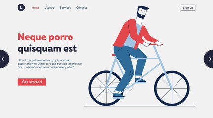 Fototapeta premium Bearded man riding bike. Male commuter moving by bicycle flat vector illustration. Commuting, lifestyle, city transport concept for banner, website design or landing web page