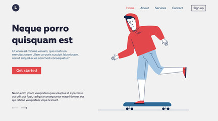 Teenage guy skateboarding. Young man in hoody riding longboard flat vector illustration. Skateboarder, active lifestyle, city transport concept for banner, website design or landing web page