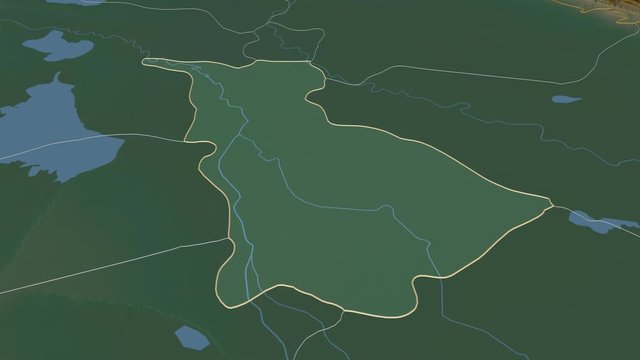 Babil, province with its capital, zoomed and extruded on the relief map of Iraq in the conformal Stereographic projection. Animation 3D