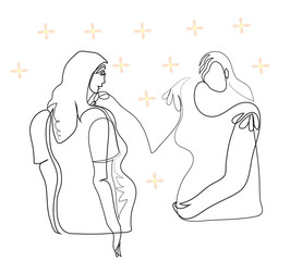 One continuous line drawing of pregnant women friends sitting talking. Simple line art drawing of pregnant women friends sitting talking.