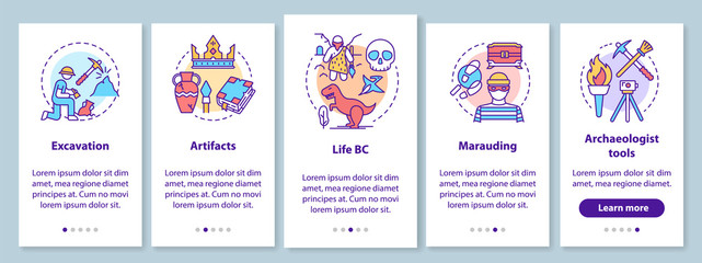 Obraz premium Archeology onboarding mobile app page screen with linear concepts. Excavating and preserving artifacts walkthrough steps graphic instructions. UX, UI, GUI vector template with illustrations