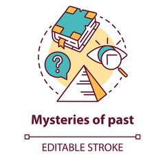 Mysteries of past concept icon. Historical researching. Study of ancient monuments, documents. Archeological researching idea thin line illustration. Vector isolated outline drawing. Editable stroke