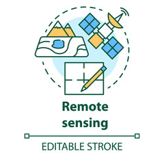 Naklejka premium Remote sensing concept icon. Modern cartography. Earth exploration from space. Surveying satellite imagery idea thin line illustration. Vector isolated outline drawing. Editable stroke