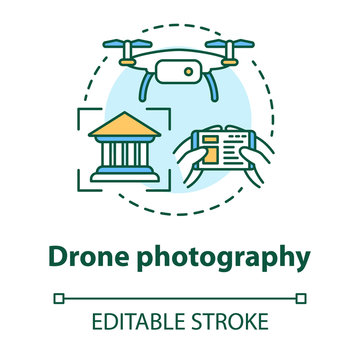Drone photography concept icon. Quad copter with camera spying on house. Shooting historical objects from unusual angle idea thin line illustration. Vector isolated outline drawing. Editable stroke