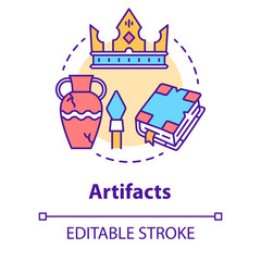 Naklejka premium Artifacts concept icon. Ancient treasures. Museum exhibits. Archaeological old civilization evidences. Historical research idea thin line illustration. Vector isolated outline drawing. Editable stroke
