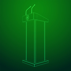 Speaker Podium. White Tribune Rostrum Stand with Microphones. Debate, press conference concept. Wireframe low poly mesh vector illustration