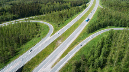  Aerial top view of asphalt road intersection. city highway in sunny day. drone image