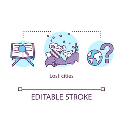 Lost cities concept icon. Ancient settlement researching. archeological site. Study of cataclysms in history of mankind idea thin line illustration. Vector isolated outline drawing. Editable stroke