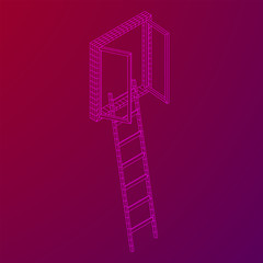 Ladder with open window. Business concept in opportunity. Wireframe low poly mesh vector illustration.
