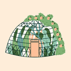 Modern home greenhouse in the form of a dome with plants. Garden, climbing up the ivy. Winter glass garden, a greenhouse is a house with a plantation. The room is green. Gardening on the site. Vector  © Anna Drozdova
