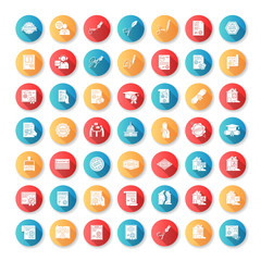 Notary services flat design long shadow glyph icons set. Apostille and legalization. Notarized document. Certificate. Courthouse. Real estate litigation. License. Silhouette RGB color illustration