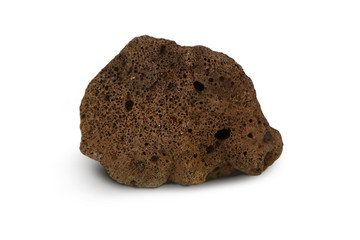 Basalt stone isolated on white background. Basalt is Extrusive igneous rock or Volcanic Rock. Basalt has a fine texture. Dark or gray to black, brown to heavy and mostly porous.