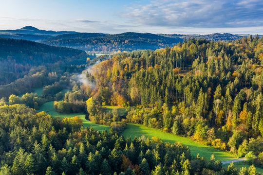 Germany, Baden-Wurttemberg, Aerial view of Haselbach Valley in Swabian-Franconian Forest