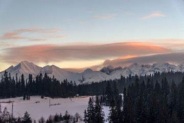 Views on Tatra Mountain in winter scenery from Bukowina Tatrzanska.