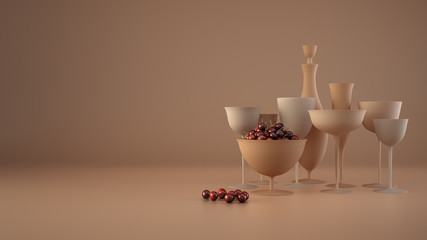 Close-up of variety of empty waxy glasses for water, wine, martini, champagne and other. Bottle and cup with cherries on rosy background with copy space