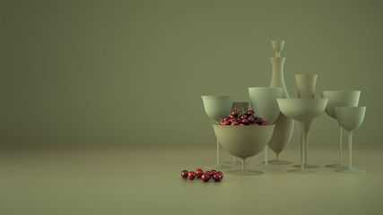 Close-up of variety of empty waxy glasses for water, wine, martini, champagne and other. Bottle and cup with cherries on green background with copy space