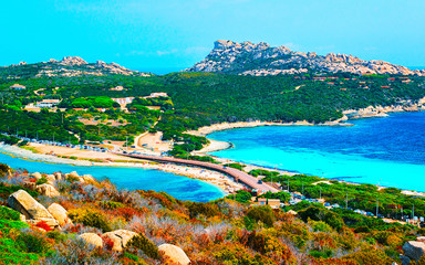 Obraz premium Landscape and road at Capo Testa at Santa Teresa Gallura in Sardinia Island in Italy, summer. Cars on Bridge between beach and Mediterranean sea, Europe. View on motorway. Olbia province. Mixed media.