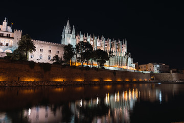 Profile of an illuminated cathedral with a river next to it at night