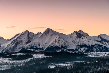 Fototapeta na wymiar Views on Tatra Mountain in winter scenery from Bukowina Tatrzanska.