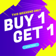 buy 1 get 1 - vector creative banner illustration. Abstract concept discount promotion layout on white background. Design elements.