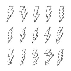 Doodle lightning bolts vector logo set. Concept of energy and electricity. Cartoon flash collection. Power and electric symbols, high speed, swiftness and rapid emblem.