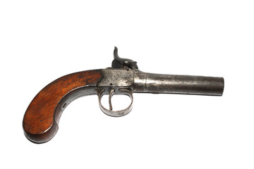 A Vintage Antique Wood and Metal Pistol Gun on White Background