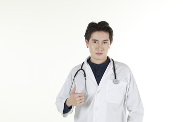 the young asian medical doctor and his stethoscope at isolated white background copy space 