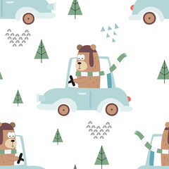 Colorful seamless pattern with cute animals and cars. Vector Illustration. Great for baby clothes, greeting card, wrapping paper. Bear in blue automobile.