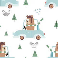 Wallpaper murals Animals in transport Colorful seamless pattern with cute animals and cars. Vector Illustration. Great for baby clothes, greeting card, wrapping paper. Bear in blue automobile.