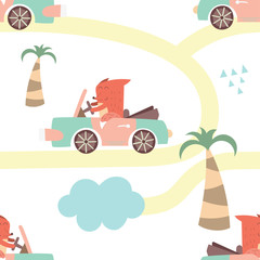 Buntes nahtloses Muster mit netten Tieren und Autos. Vektor-Illustration. Ideal für Babykleidung, Grußkarten, Geschenkpapier. Fuchs im Cabrio.