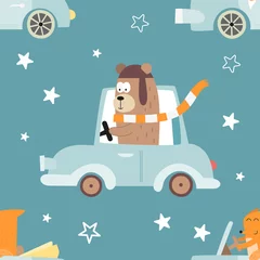 Wallpaper murals Animals in transport Colorful seamless pattern with cute animals and cars. Vector Illustration. Great for baby clothes, greeting card, wrapping paper. Bear in blue auto, fox in cabriolet.