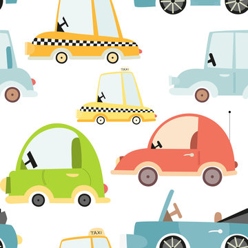 Kids transport seamless pattern with cute cars. Vector Illustration. Great for baby clothes, greeting card, wrapping paper. Car, taxi, cabriolet.