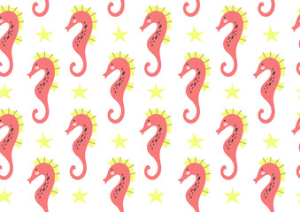 Seamless pattern with red seahorse. Vector