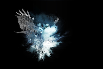 Flying bird. Dispersion, splatter effect. White background. 
