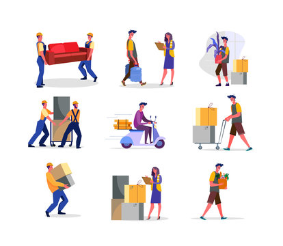 Set of workers delivering packages and objects. Flat vector illustrations of people receiving orders. Delivery services concept for banner, website design or landing web page
