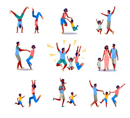 Fototapeta na wymiar Set of happy parents and kids having fun together. Flat vector illustrations of family spending leisure time. Family and parenting activities concept for banner, website design or landing web page