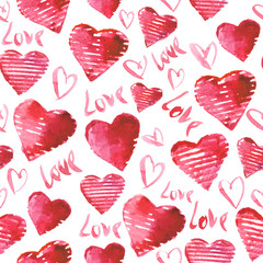 Seamless pattern with watercolor red hearts on a white background.