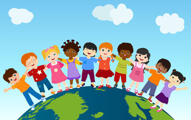 Earth globe with group of multiethnic and diverse children standing together and embracing each other. Community. Multicultural kindergarten.Diversity and culture. Unity and friendship