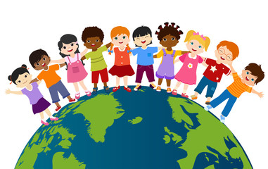 Earth globe with group of multiethnic and diverse children standing together and embracing each other. Diversity and culture. Unity and friendship. Community. Multicultural kindergarten