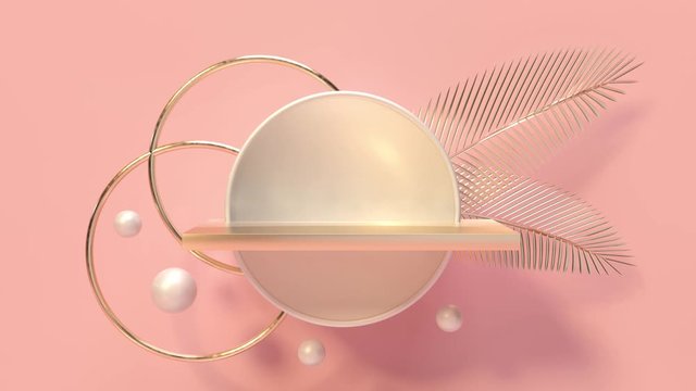 Pedestal, shelf and niche. Palm trees leaves gold glitter. 3d render animation, movement. Podium steps for brand promotion product. Creative background for cosmetics presentation. Stand base mockup