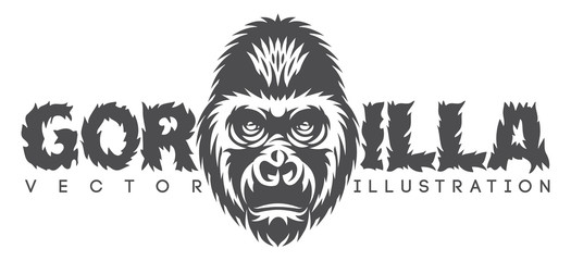 Vector monochrome illustration with gorilla head and inscription