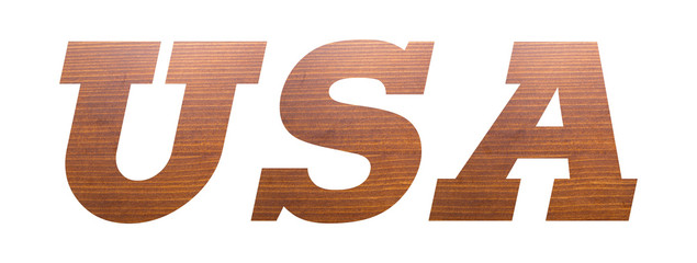 USA word with brown wooden texture on white background.