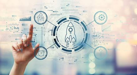 Rapid growth concept with hand pressing a button on a technology screen