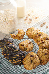 Healthy cookies, freshly baked oatmeal cookies with raisins and chocolate