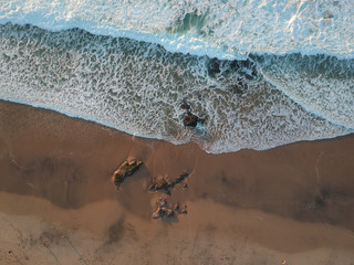 aerial view from a big wave crashing in a beach. Drone view