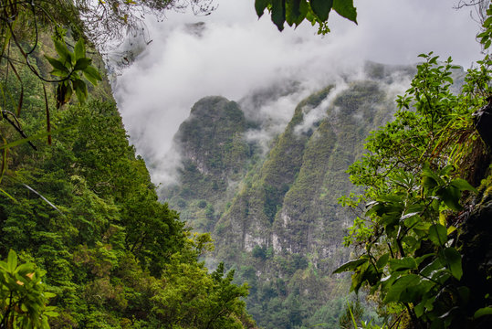 Mountain landscape, view from the hiking path of the Lavado do Caldeirao Verde on the island of Madeira, Portugal.