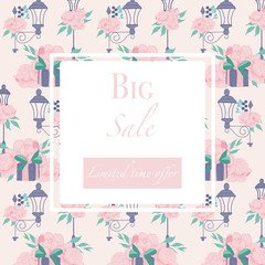 Big sale ad banner with lamps, peonies and gifts