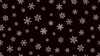 Vector snowflakes background. Elegant dark Christmas and New Year seamless pattern with pink snow, sparkles, snowflakes, shiny confetti on black backdrop. Winter holidays theme. Design for decoration